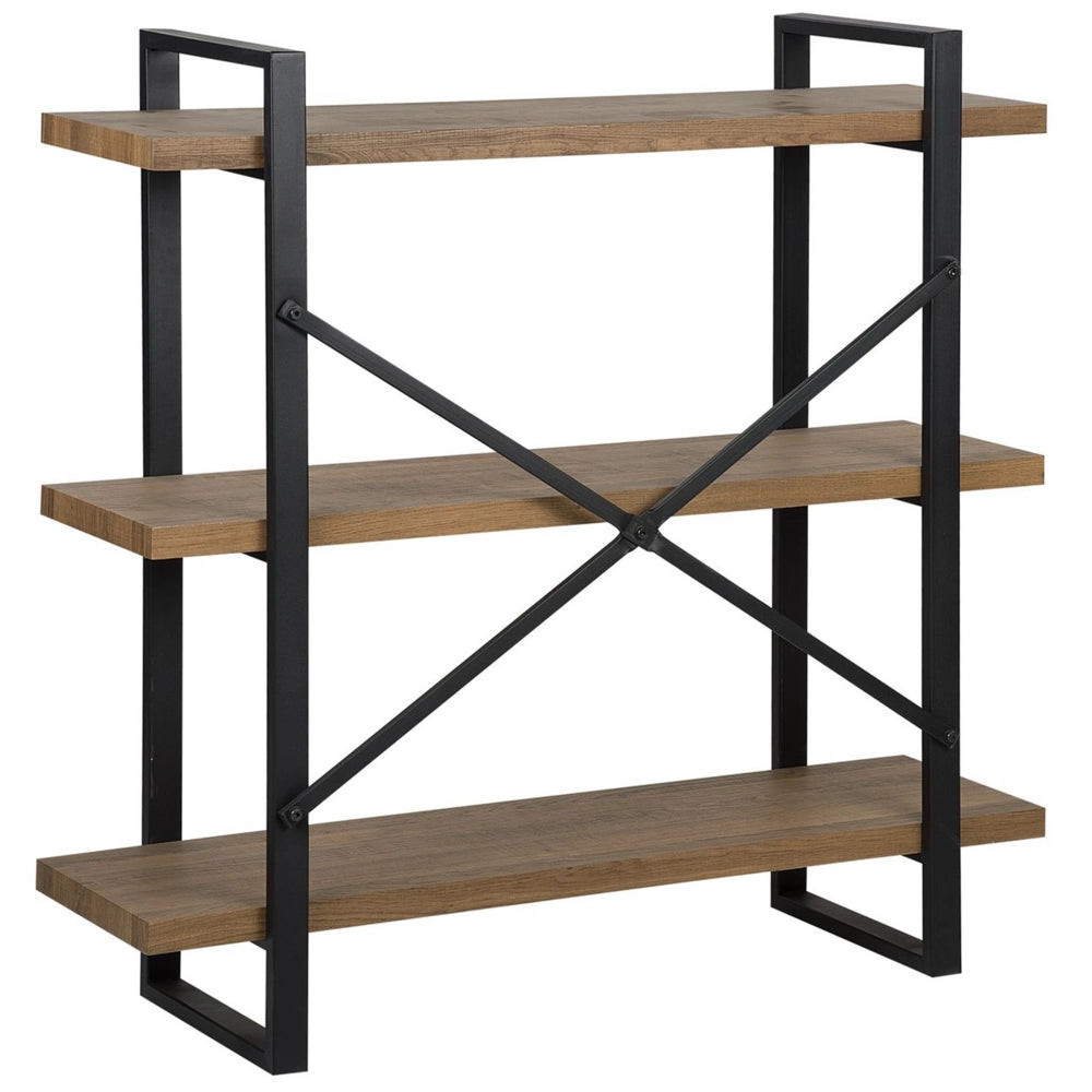 Libreria a 3 livelli in legno scuro con struttura in metallo Nero Ripiani aperti contenitore Minimalista unità autoportante