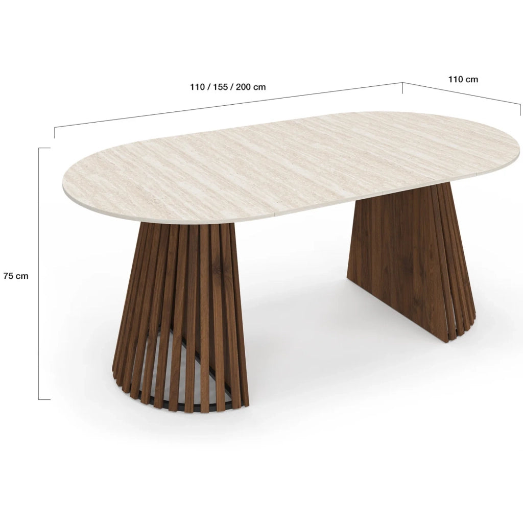 IDMarket - CARMEN tavolo da pranzo rotondo allungabile 4-10 persone con gambe a doghe in noce e piano effetto travertino 110-200 cm