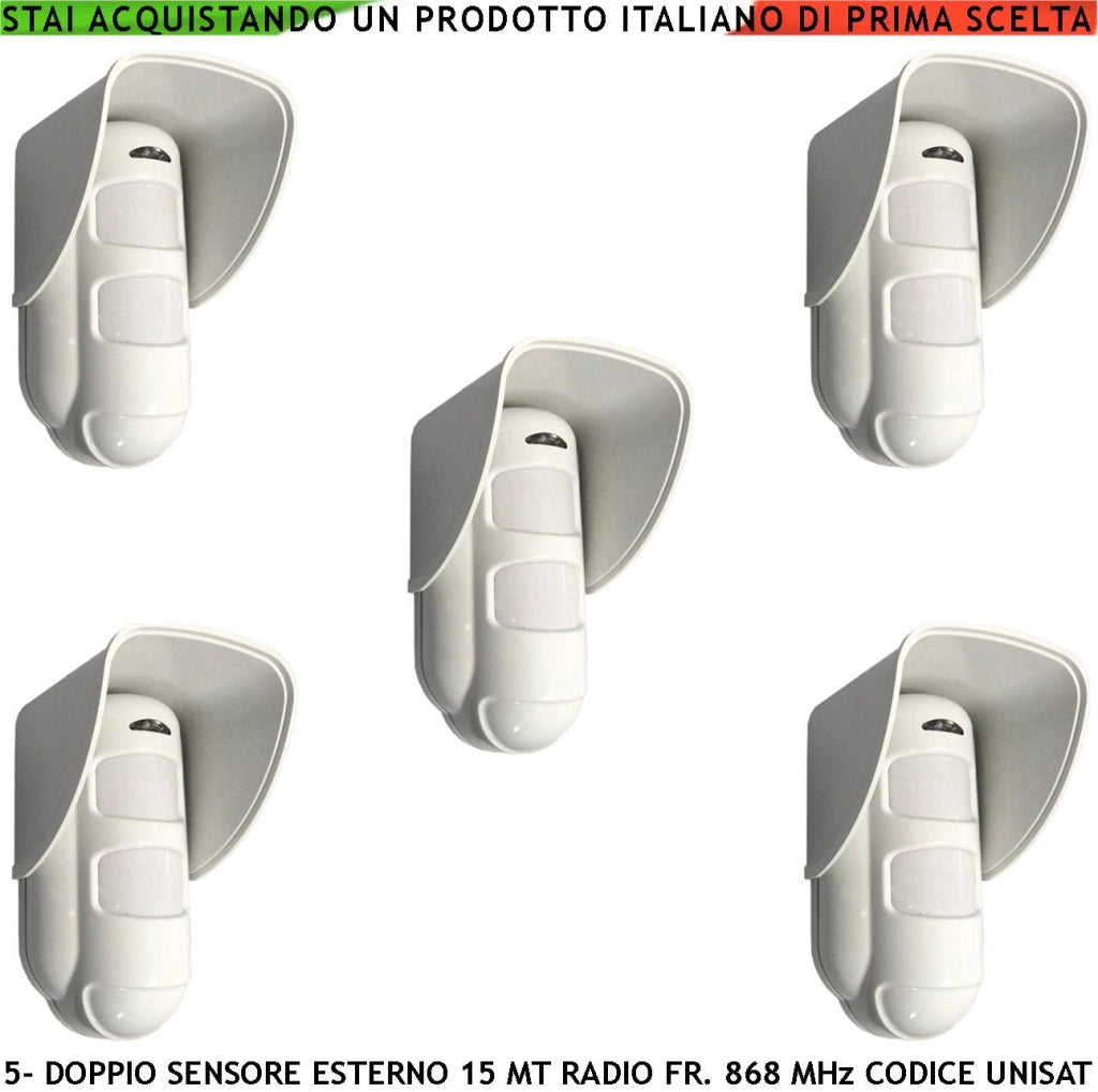 Rilevatore Movimento Doppia Tecnologia da Esterno 5 Pezzi Copertura 15 Metri Grandangolo o 25 Metri Tenda Via Radio Freq. 868 MHz Bidirezionale Codice UNISAT