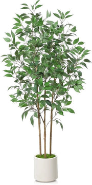 Ficus Artificiale, 150cm, Grande per Decorazione Interna, Ficus Artefatto in Tela Bianca, Pianta Artificiale in Ceramica con Materia Verde, Set da 1