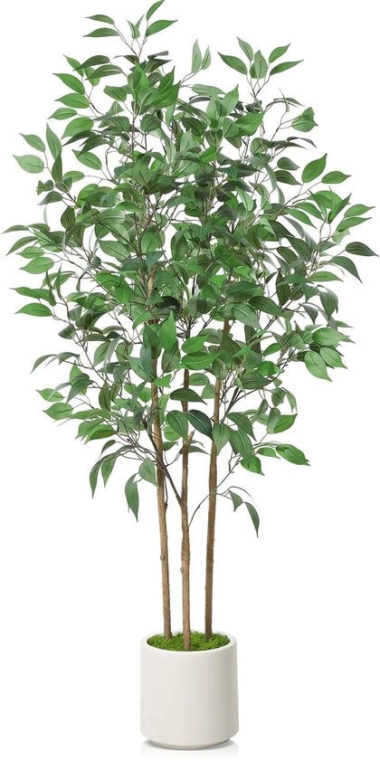 Ficus Artificiale, 150cm, Grande per Decorazione Interna, Ficus Artefatto in Tela Bianca, Pianta Artificiale in Ceramica con Materia Verde, Set da 1