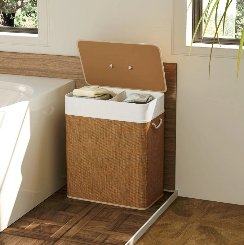 Cesto portabiancheria 52x32x63 cm con coperchio e sacco rimovibile in bambù marrone