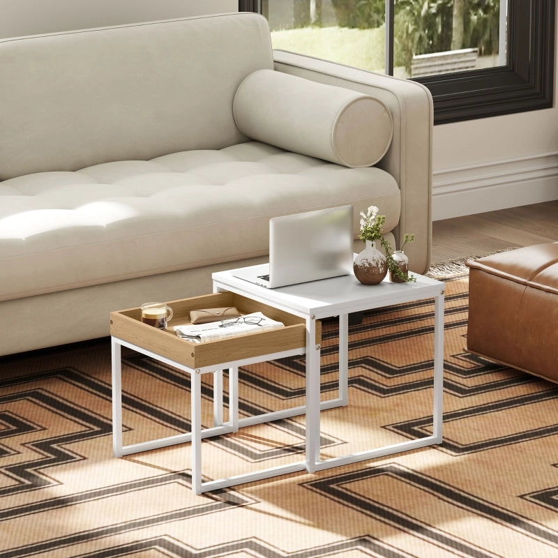 Tavolo da pranzo - set 2 tavolini moderni - quadrati - MDF+metallo - bianco - per spazi piccoli