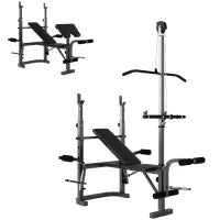Panca Multifunzione con Supporto per Bilanciere, Supporto Gambe e Barra Superiore, Nero