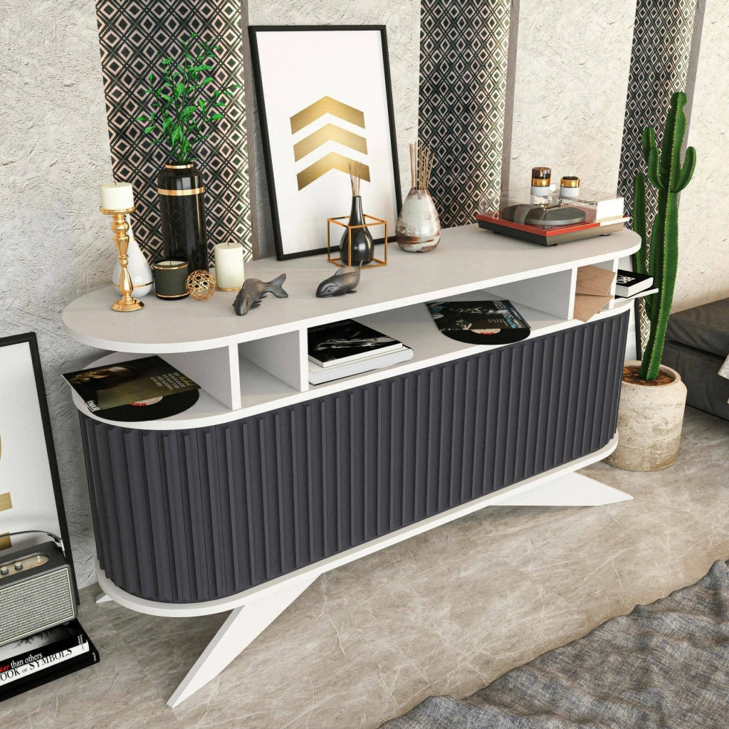 Credenza Joy, Buffet da soggiorno, Madia da salotto, Dispensa da cucina, 150x43h75 cm, Bianco e Antracite