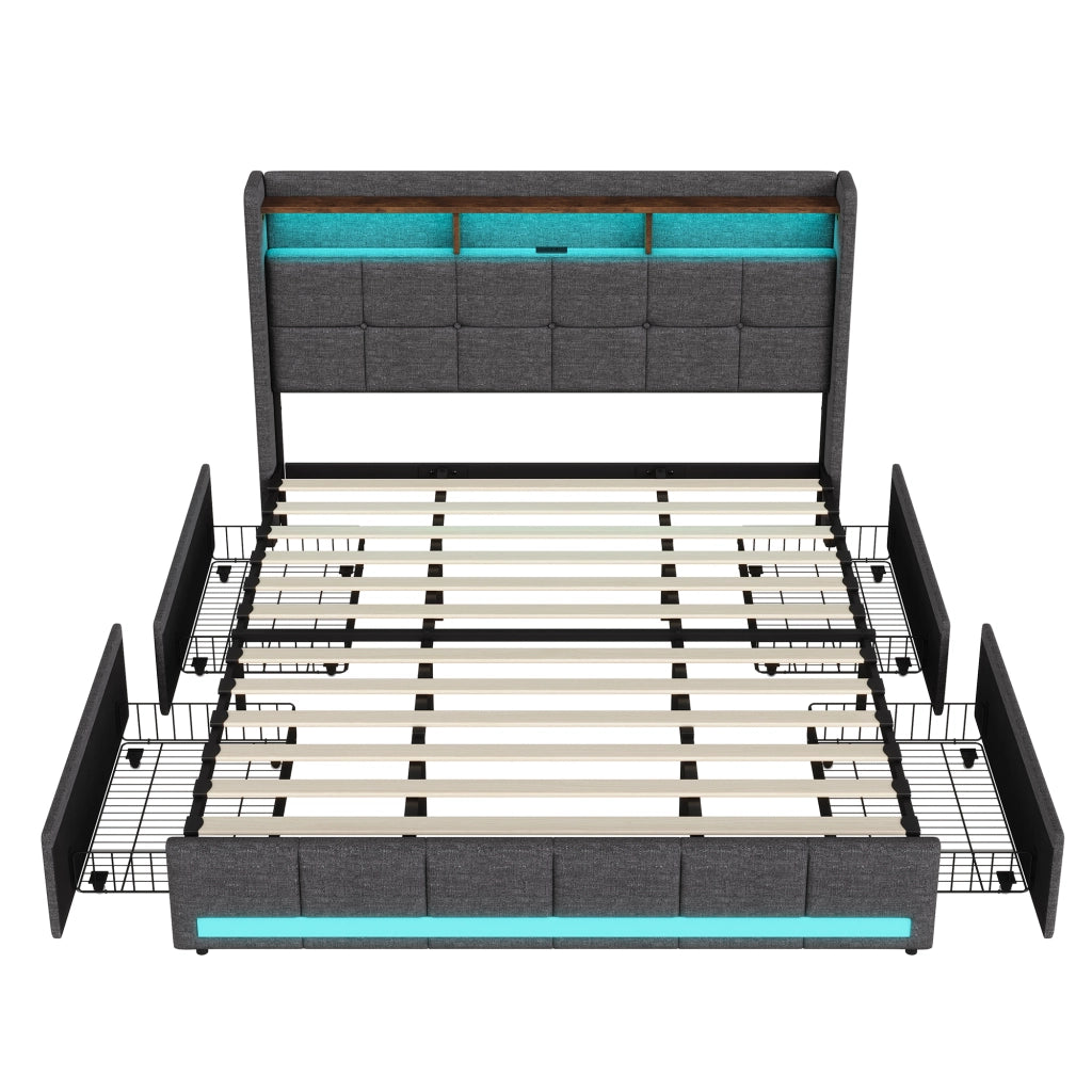 Letto matrimoniale 160x200 cm tessuto grigio, testiera contenitore con ricarica USB e USB-C, LED RGB APP telecomando, 4 cassetti estraibili