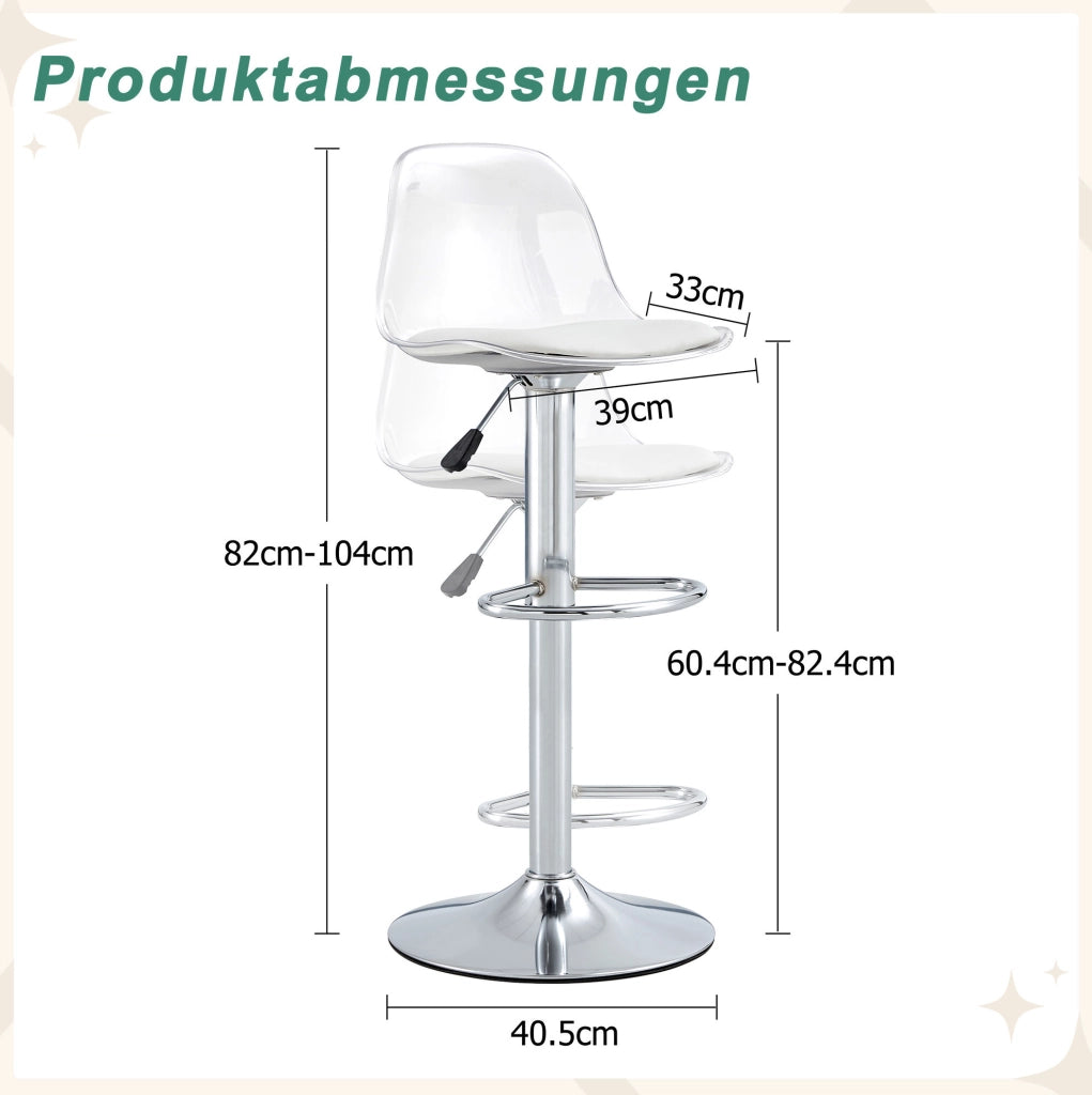Set di 2 sgabelli da bar regolabili 82-104 cm trasparente e argento, girevoli 360°