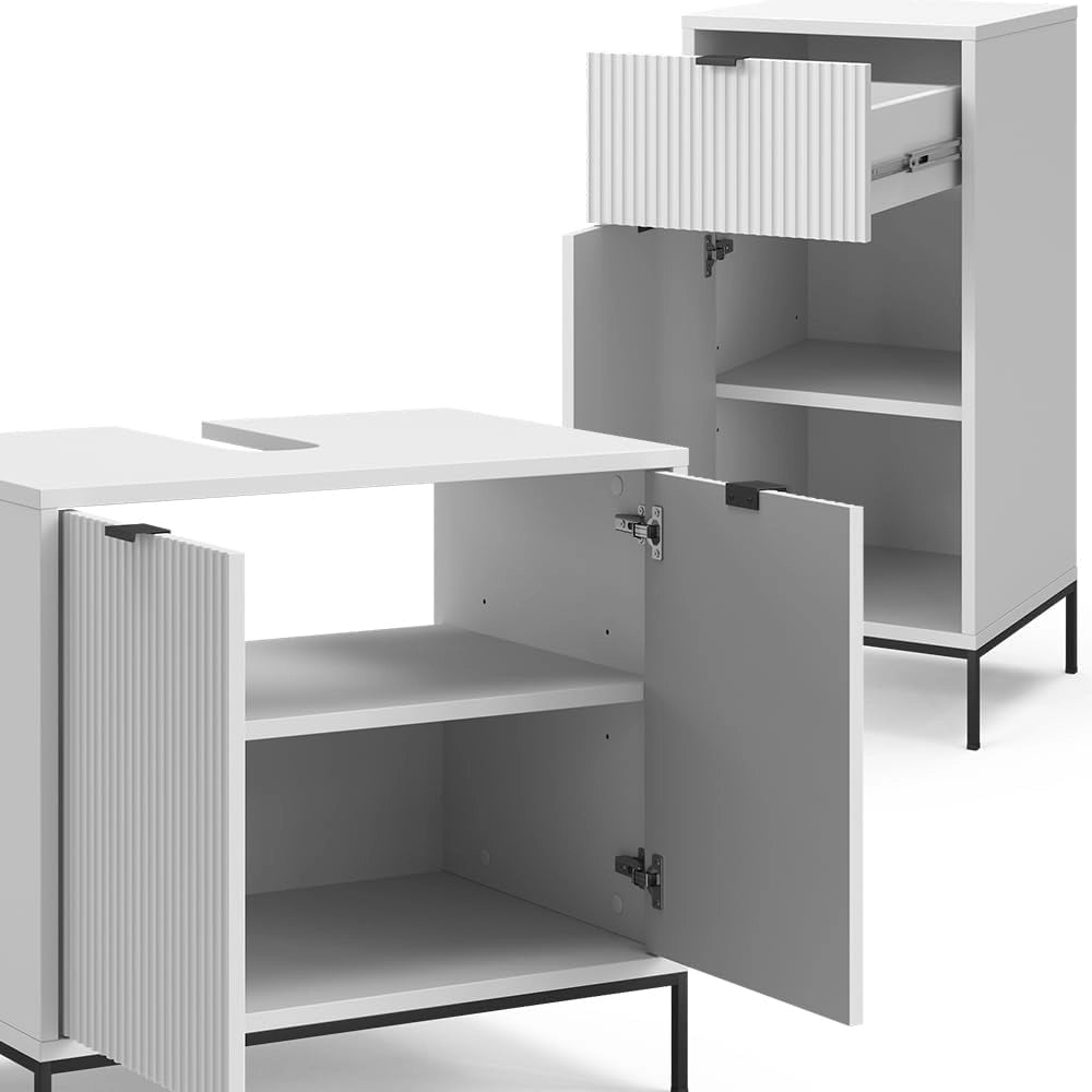 Set di mobili da bagno Eliza, Bianco, 70 cm, composto da mobile sottolavabo, specchiera e mobile medio