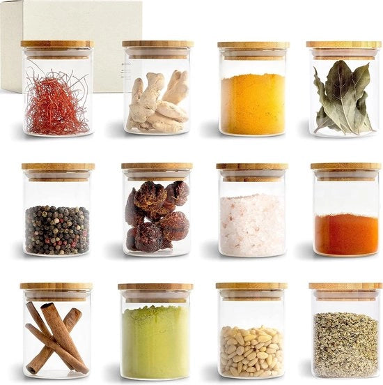 Set di contenitori per spezie in vetro a forma quadrata, 150ml, set da 12 pezzi, in bambù, per la conservazione delle spezie e dei condimenti.