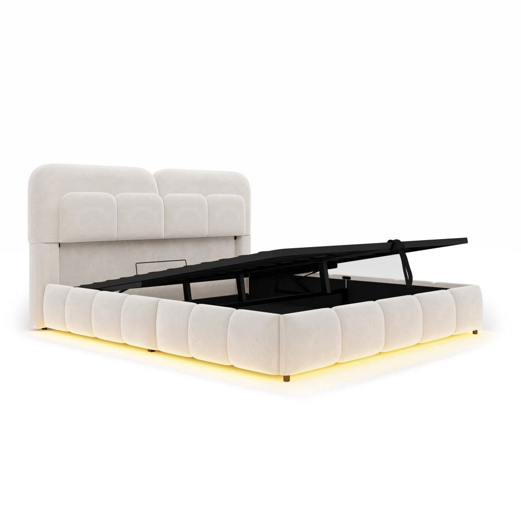 DESMIU Letto con contenitore 140 × 200 cm 2 posti con LED, contenitore idraulico e senza materasso, in velluto, beige