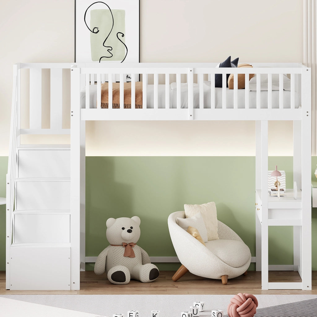 Letto a soppalco 90 x 200 cm; singolo con scala contenitore e scrivania; senza materasso; Bianco