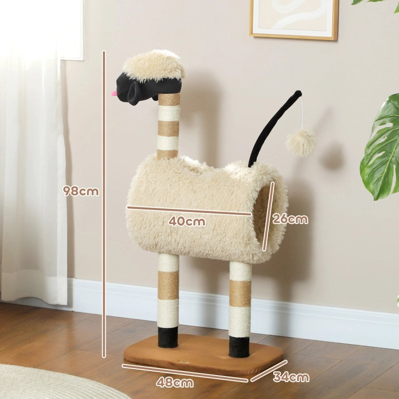 Albero per gatti a forma di pecora, con palo per graffiare, tunnel e giocattoli, 98 cm, marrone chiaro