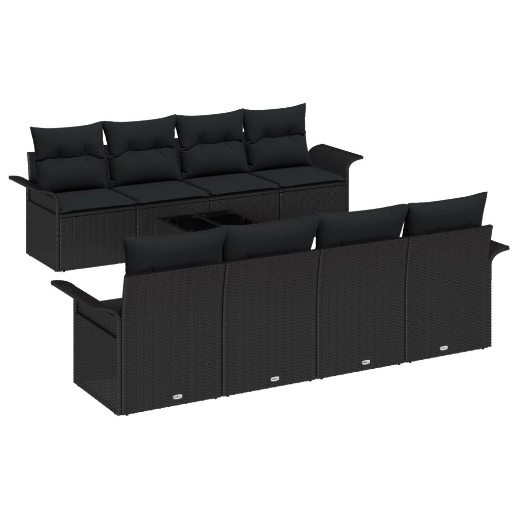 Set Divano Giardino 9 Pezzi con Cuscini Nero Polyrattan