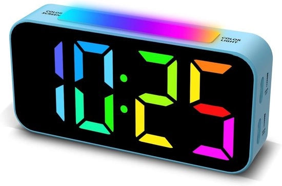Alarme Digitale con Display Grande - Doppio Allarme con Funzione Snooze - Luce RGB Regolabile - Display LED a Colori - Adatto per Bambini e Adolescenti - Blu