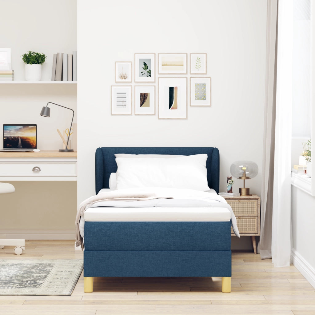 Letto Box Spring  con Materasso Blu, 90x200 cm, Tessuto