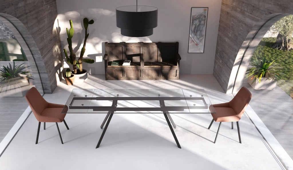 Tavolo Allungabile Smokey con Top in Vetro Temperato Trasparente, Struttura in Metallo Nero, Design Moderno 160/240 cm - Smokey