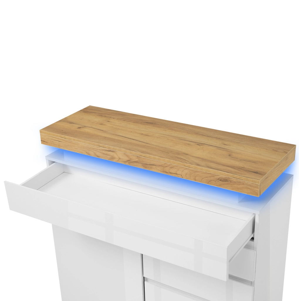 Sideboard lucido bianco con LED; 115 x 110 x 39 cm; in truciolare e MDF