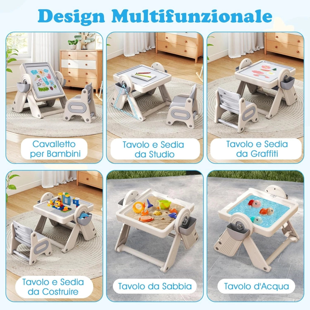 Set Tavolo e Sedia 6 in 1 per Bambini 18+ Mesi, Tavolino Pieghevole con Piano Reversibile, Porta Penne, Cesti Contenitori e Scaffale, Tavolo Salvaspazio per Giochi per Cameretta (Grigio)