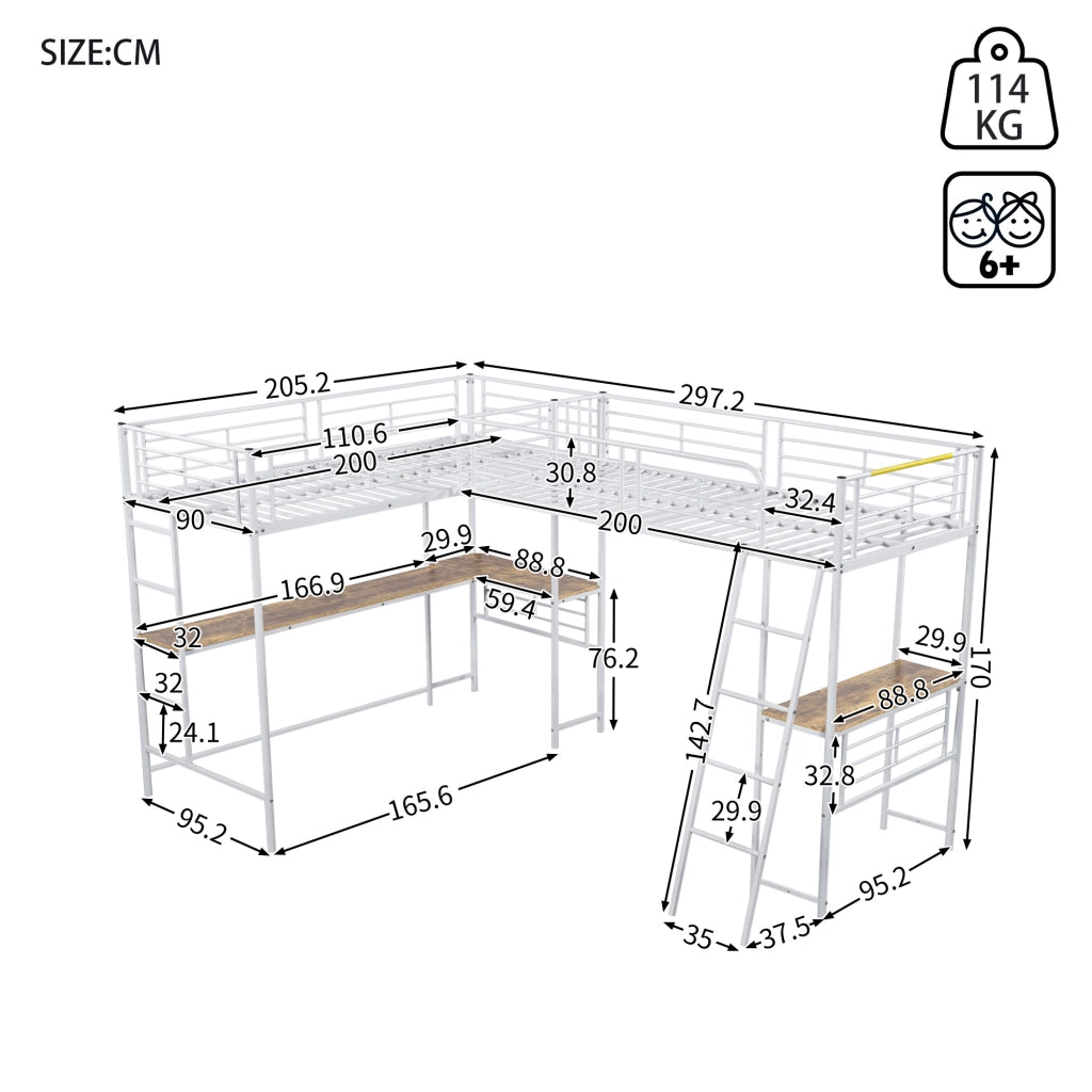 Letto a soppalco 90x200 cm con scrivania; bianco