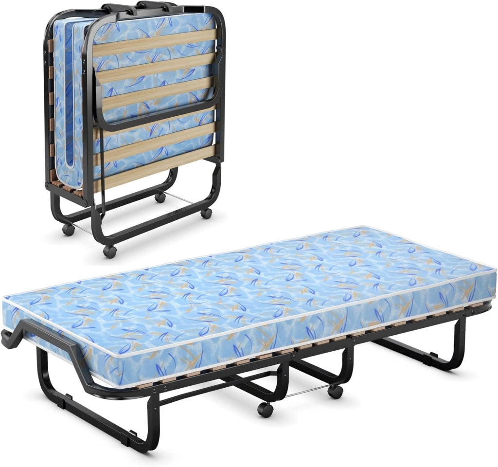 Letto Pieghevole 90 x 200 cm per Adulti e Ospiti, Con Materasso, 4 Ruote e Rete a Doghe - Singolo da Viaggio
