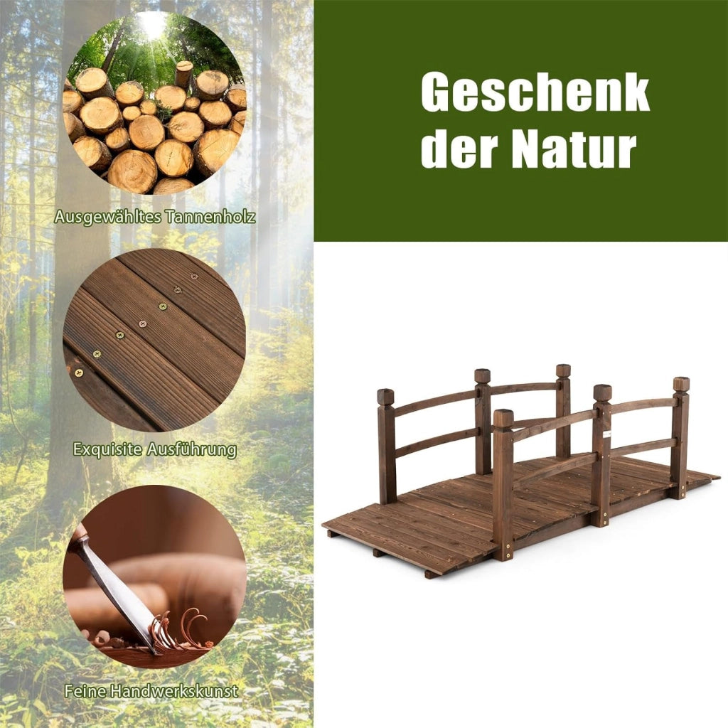 Ponte da Giardino in Legno di Abete Carbonizzato con Ringhiere, Ponticello Grande Calpestabile per Giardino e Stagno Portata 150 kg, 172 × 76 × 58 cm, Marrone