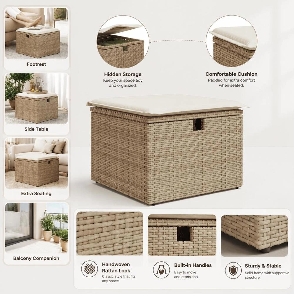 Garden Stool With Cushion, Beige, 55x55x37 Cm, Poly Rattan