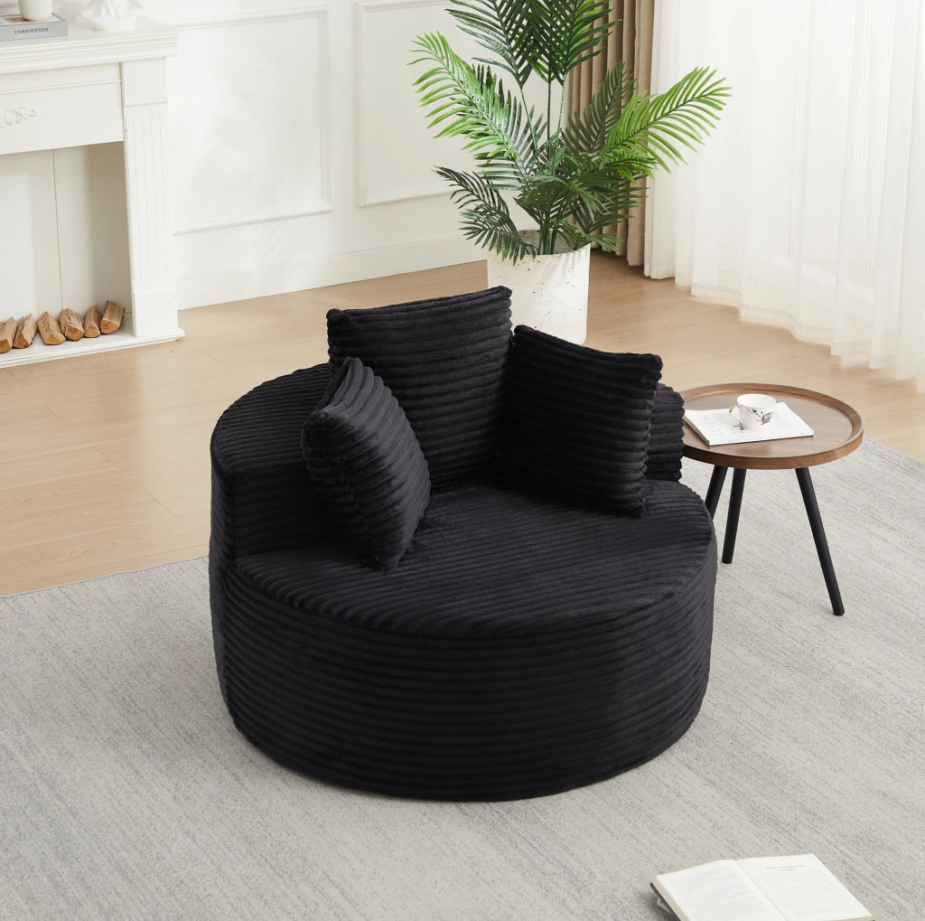 Poltrona rotonda 110x110x82 cm in velluto a coste nero con 3 cuscini, design minimalista