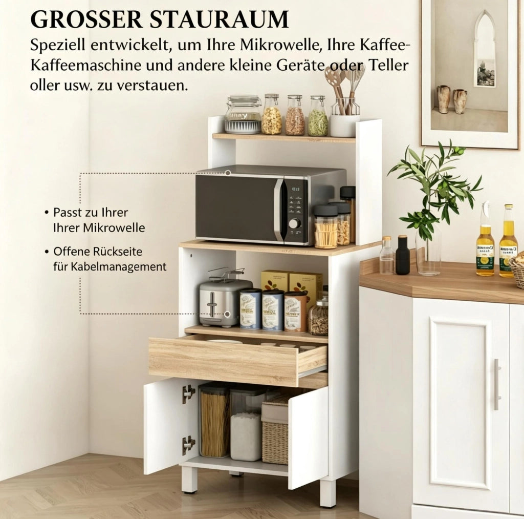 Mobiletto per Microonde con Ripiani e Cassetto, Bianco o Rovere, 60x40x131 cm
