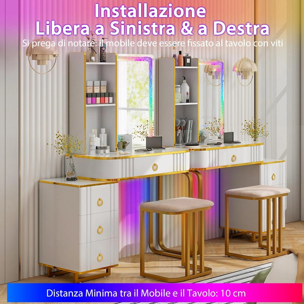 Toeletta da Trucco con Luci, Set Tavolo da Trucco con Sgabello 4 Cassetti, 7 Colori Regolabili di Luce, Porte USB, Telecomando, per Soggiorno Camera da Letto (Bianco)