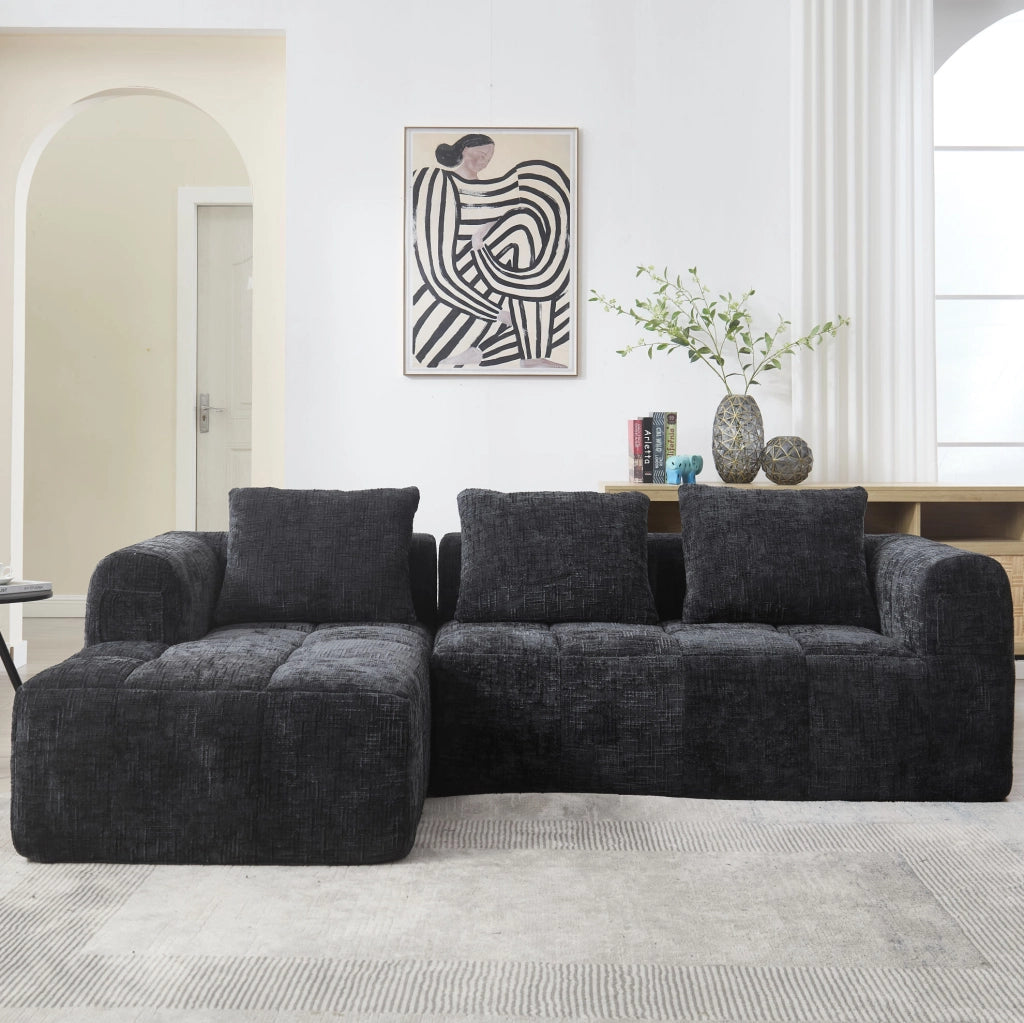 Divano modulare a L, 3 posti, tessuto chenille nero, con chaise longue e braccioli, 3 cuscini inclusi