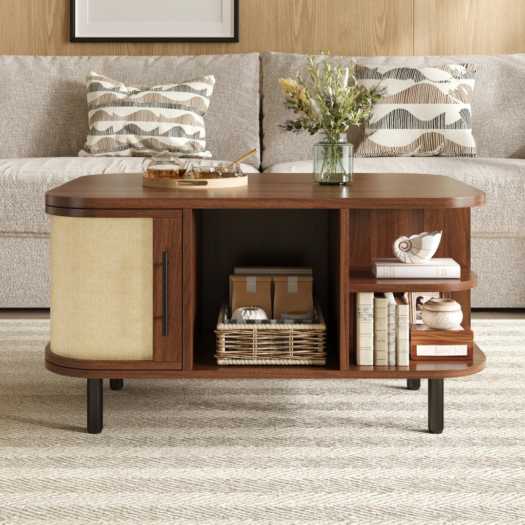 Tavolino basso con forma curva, vani aperti e scomparti laterali, in MDF e metallo, noce, 80 × 60 × 47 cm