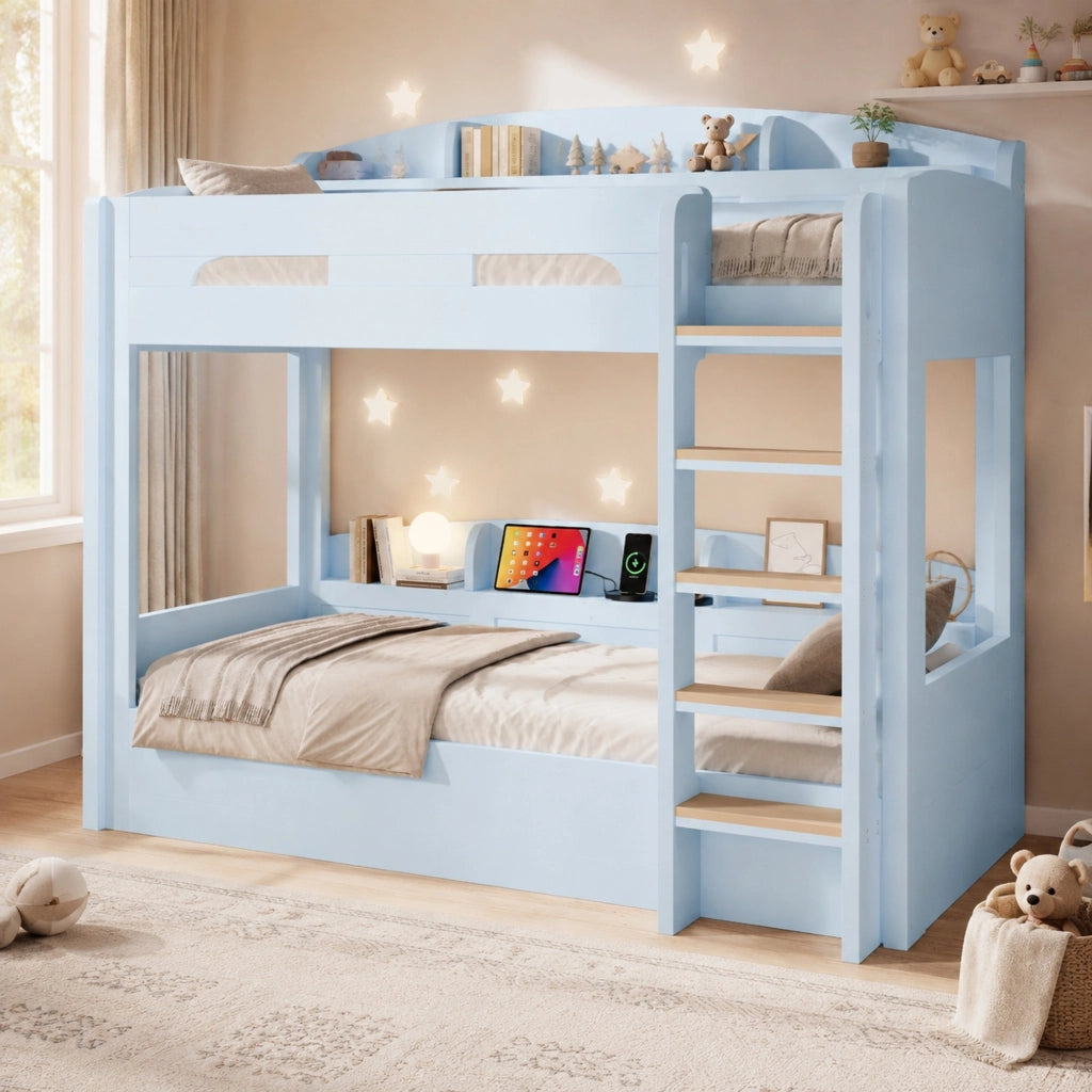 Letto a castello salvaspazio 90x200 cm con presa USB e ripiani; azzurro chiaro