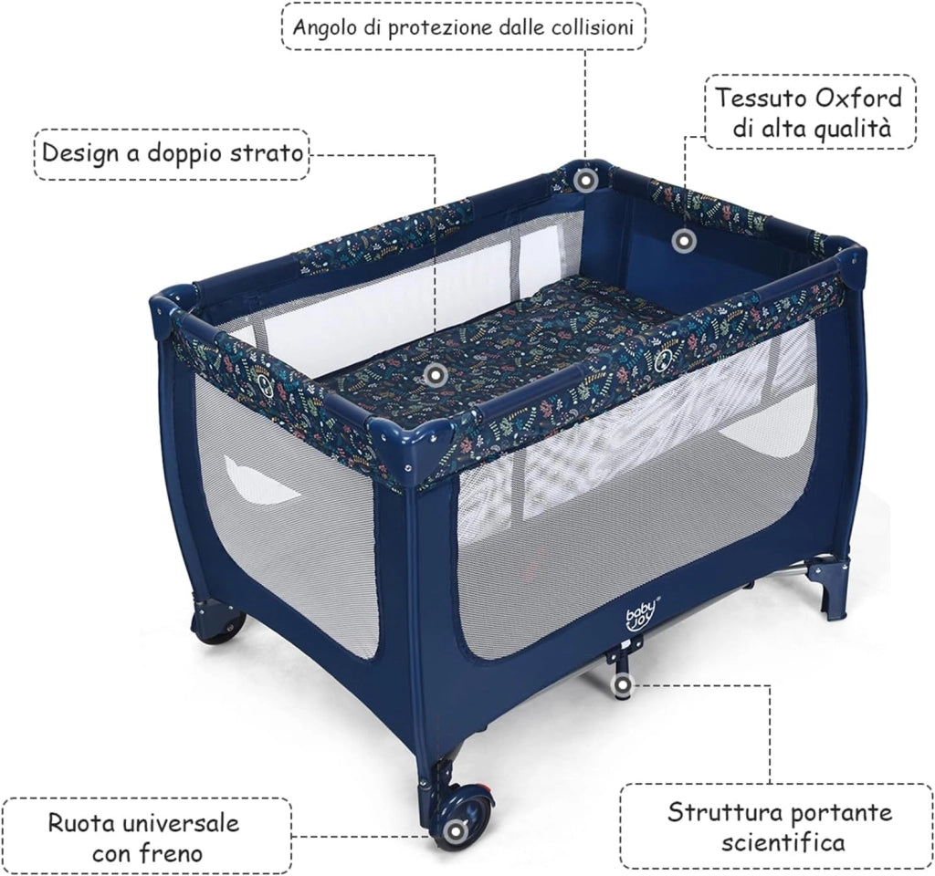 Lettino da Campeggio con Materasso, Lettino per Bambini Pieghevole, Culla da Viaggio Portatile con 2 Ruote, Per Bambini 0-36 Mesi, 125 x 65 x 76 cm (Blu)
