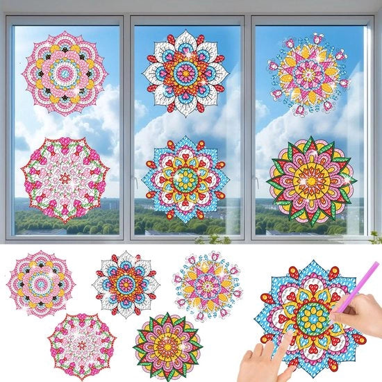 Set di protezione solare 5D per bambini, 6 pezzi di dipinto a mandala con diamanti, decorazione per finestre DIY con glitter, vernice per finestre riciclabile e sicura per bambini per regali