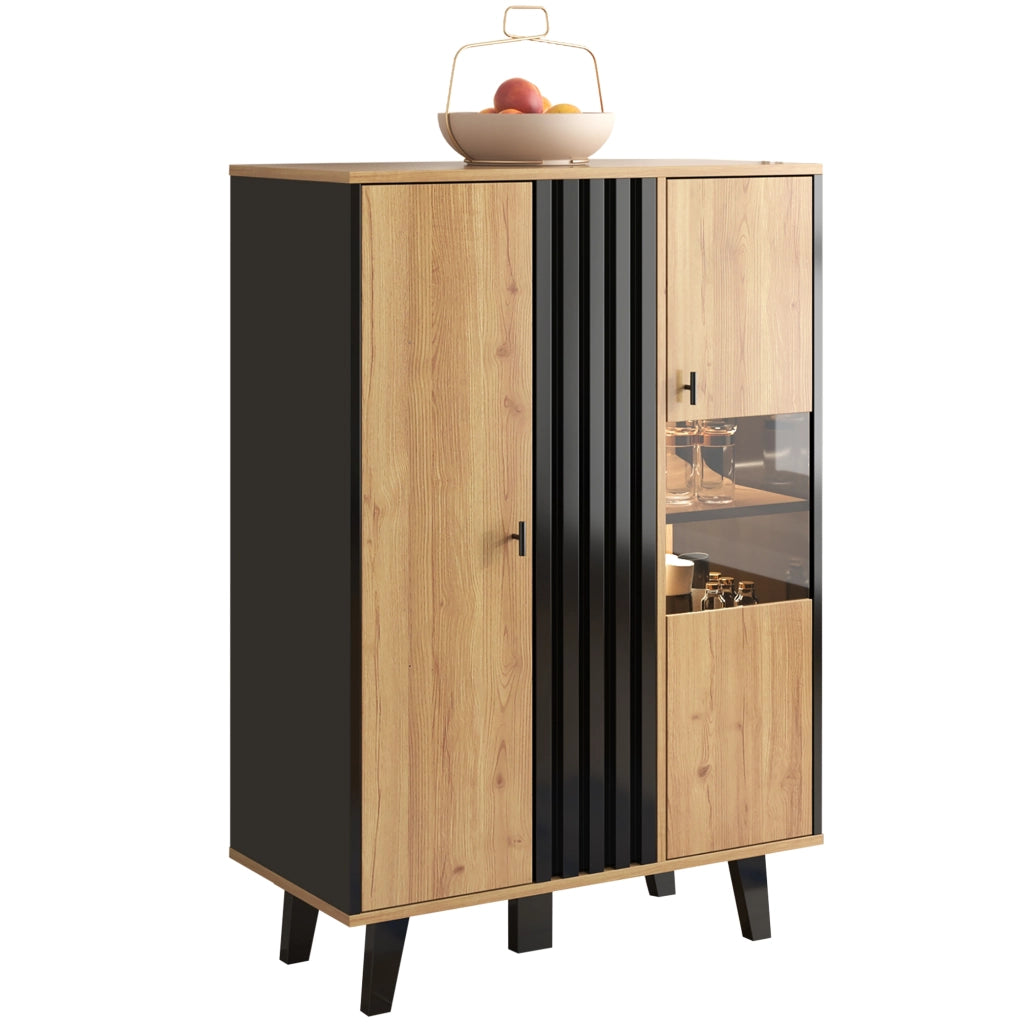 Credenza Legno e Nero 80x120x40 cm con Vetrina e Illuminazione LED