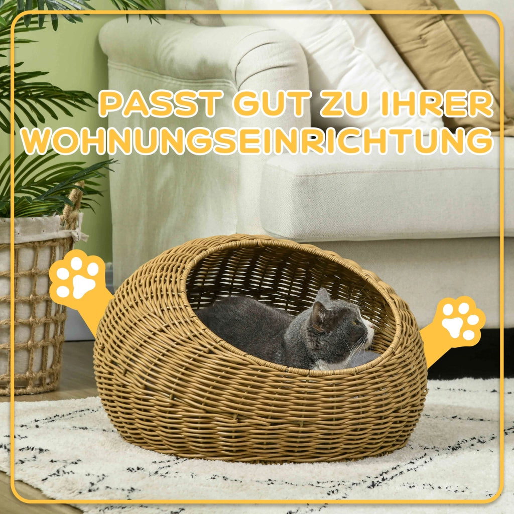 Cuccia per gatti in rattan sintetico con cuscino lavabile ¨C zephmum ¨C 50x31 cm, marrone chiaro