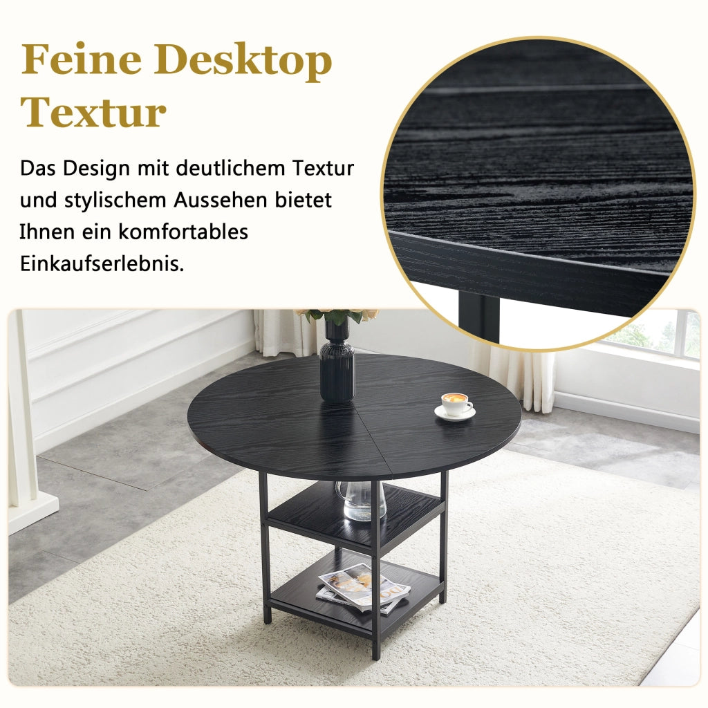 Tavolo da pranzo rotondo per 2-4 persone con doppio ripiano aperto, in MDF e metallo, nero, diametro 107 cm