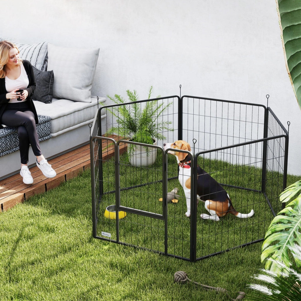 Recinto per Cani a 6 Pannelli Modulabili da 80x1,5x80A cm con Porta di Ingresso in Acciaio Nero