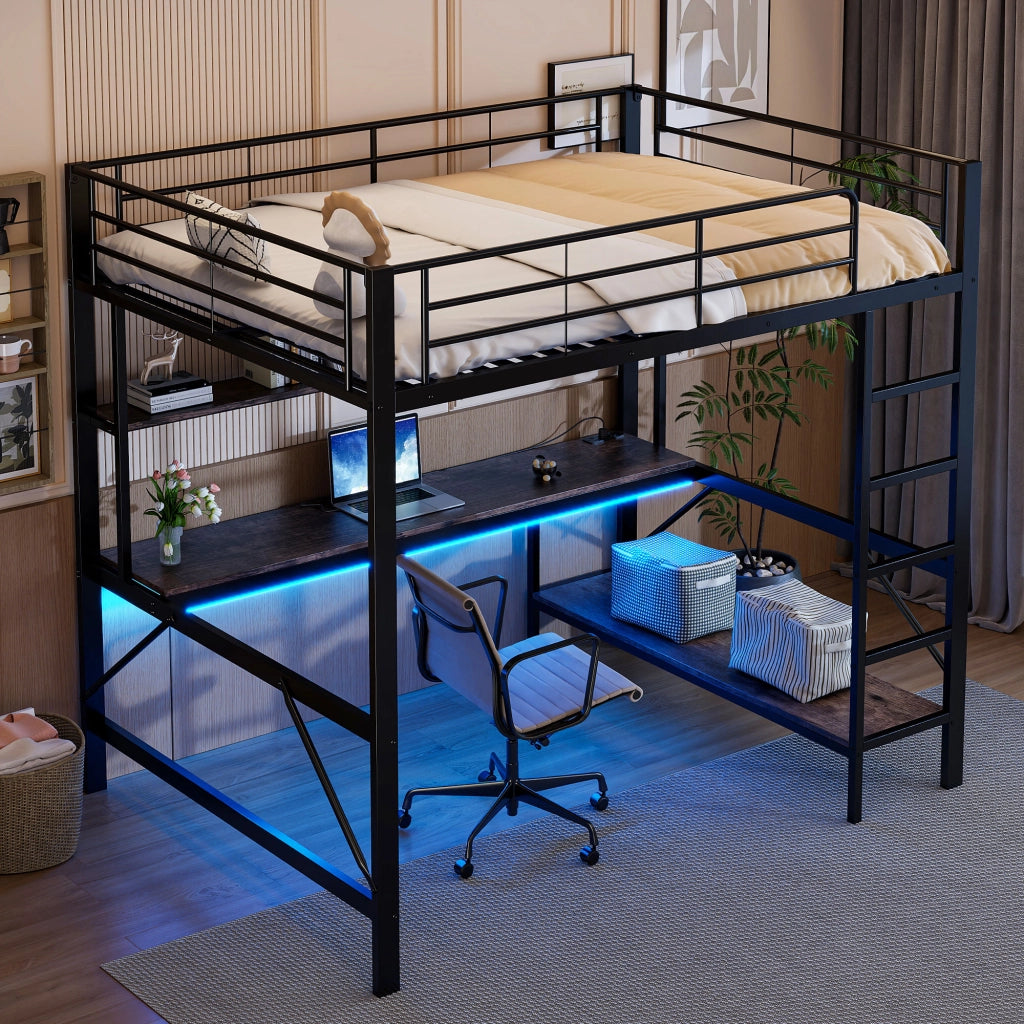 Letto a Soppalco Letto Matrimoniale con USB; Presa; LED; Scrivania e Scaffali 140×200 cm; senza Materasso