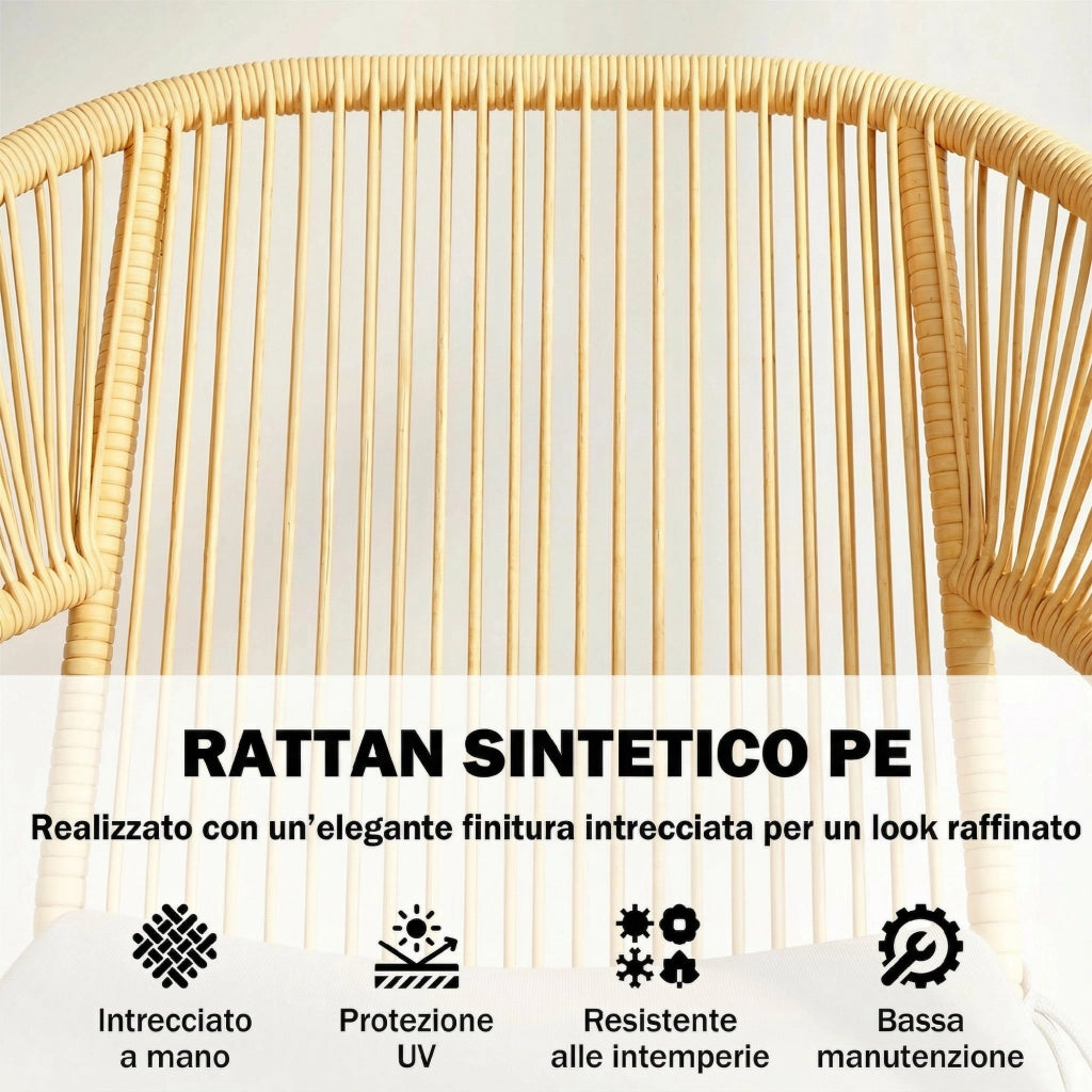 Set 3 Pezzi da Pranzo Bistrò con 2 Sedie Tavolo Rotondo con Piano in Vetro Temperato in Rattan e Acciaio Beige
