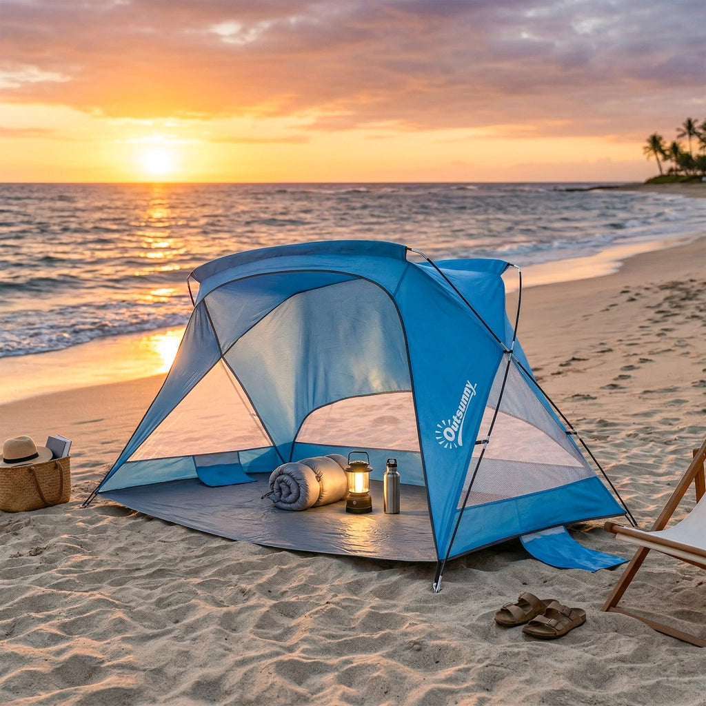 Tenda da spiaggia per 2-3 persone con sacchi di sabbia, porta, finestre, UPF30+ ¨C Minimal ¨C blu cielo