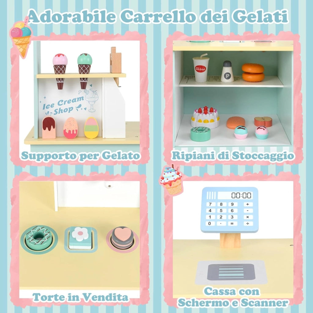 Gelateria Giocattolo per Bambini con Gelatiera, Carrelo dei Gelati in Legno con Ruote e Maniglia, Negozio di Gelati Giocattolo con Cassa e 15 Accessori, per Bambini di 3 + Anni (Verde)