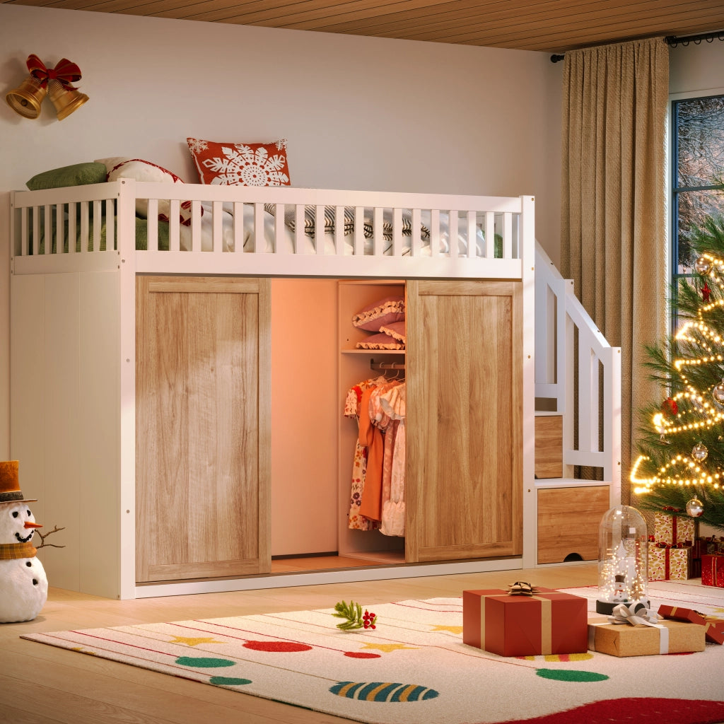 OKWISH Letto a Soppalco 90×200 cm, Letto Singolo con Armadio, Scala Contenitore e Striscia Luminosa, senza Materasso, Legno Bianco e Rovere