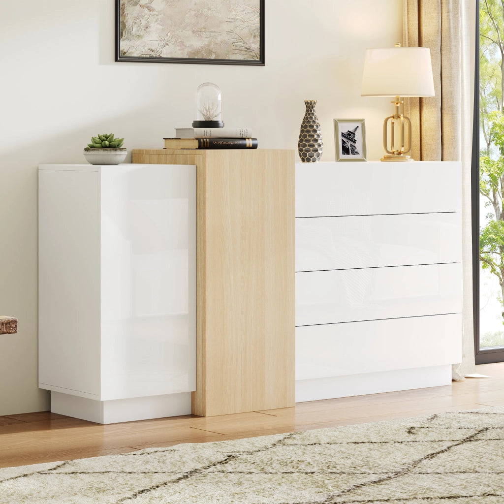 Credenza con 2 ante e 4 cassetti; apertura push - per soggiorno - 140×35×76.5 cm - bianco