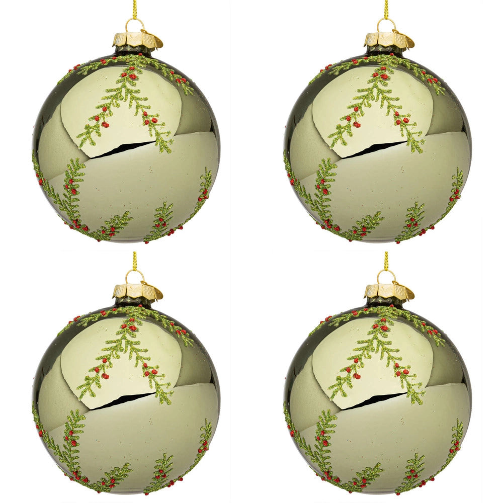 Palline di Natale in Vetro Verde Oliva con Rametti Wood Diametro: 100 mm