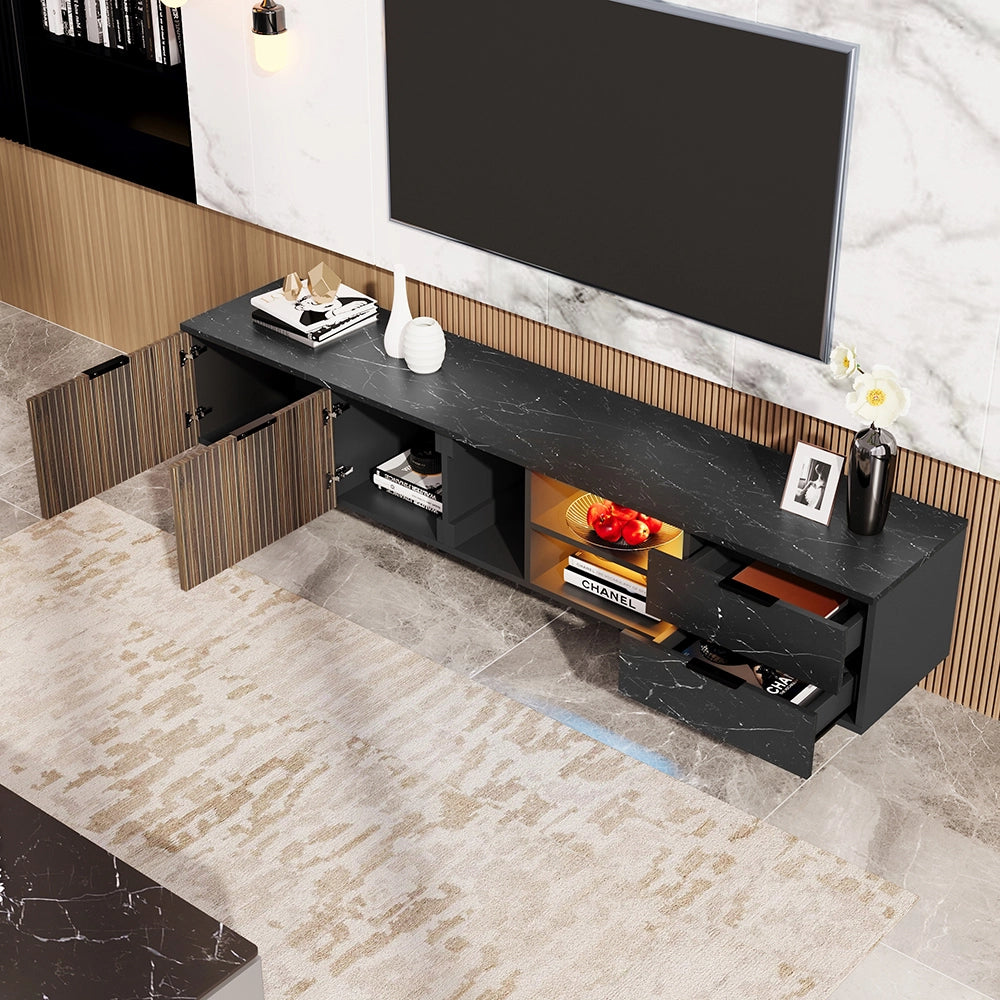 Meuble TV marbre portes bois sombre LED r??glable deux portes deux tiroirs Noir - Xylo - Marbre, bois scuro, LED regolabile