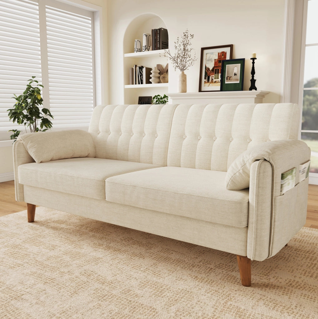 Divano 2 posti 161,5x79 cm beige in chenille, con tasche laterali