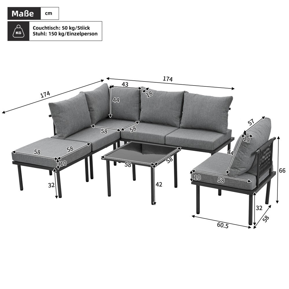 Set Lounge da Giardino 6 Pezzi con Cuscini ¨C Xylo ¨C Grigio, Corda, Vetro
