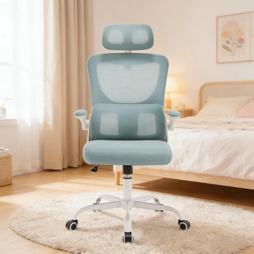 Sedia da ufficio ergonomica con schienale in rete alto, poggiatesta regolabile e ruote, blu