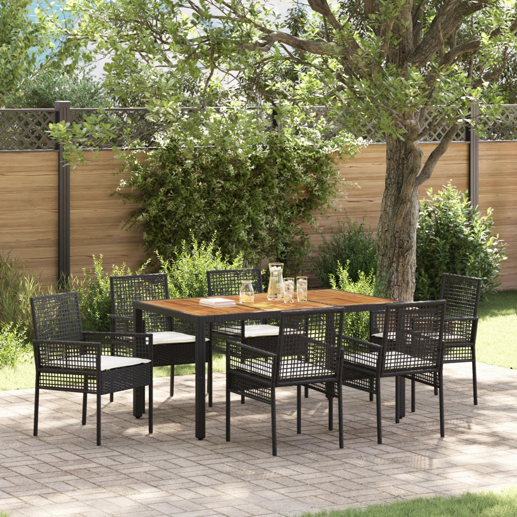 Set da pranzo da giardino 7 pezzi con cuscini neri in polyrattan